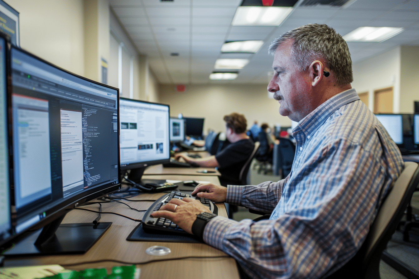 photo of two workers in a Modenese warehouse wearing orange safety vests, staring at a tablet computer in the middle of a large modern room with yellow boxes stacked on high shelves. The woman is pointing at something on her tablet, next to a man --ar 3:2 --v 6 --relax