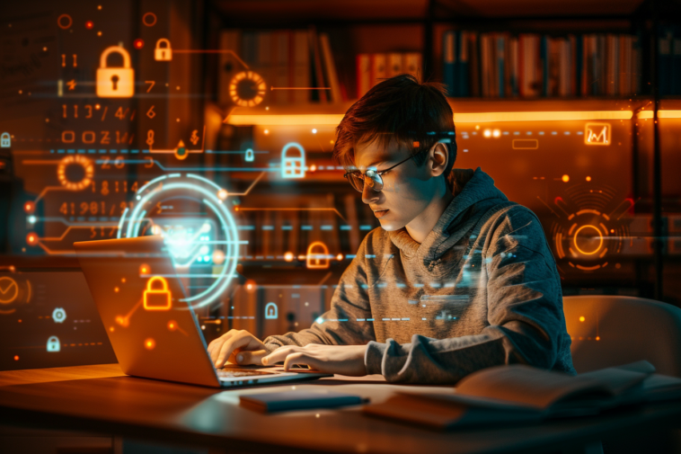 Un jeune professionnel apprend la cybersécurité depuis son ordinateur, entouré d’hologrammes représentant des cadenas numériques et du code, illustrant la possibilité de se former sans diplôme en informatique.