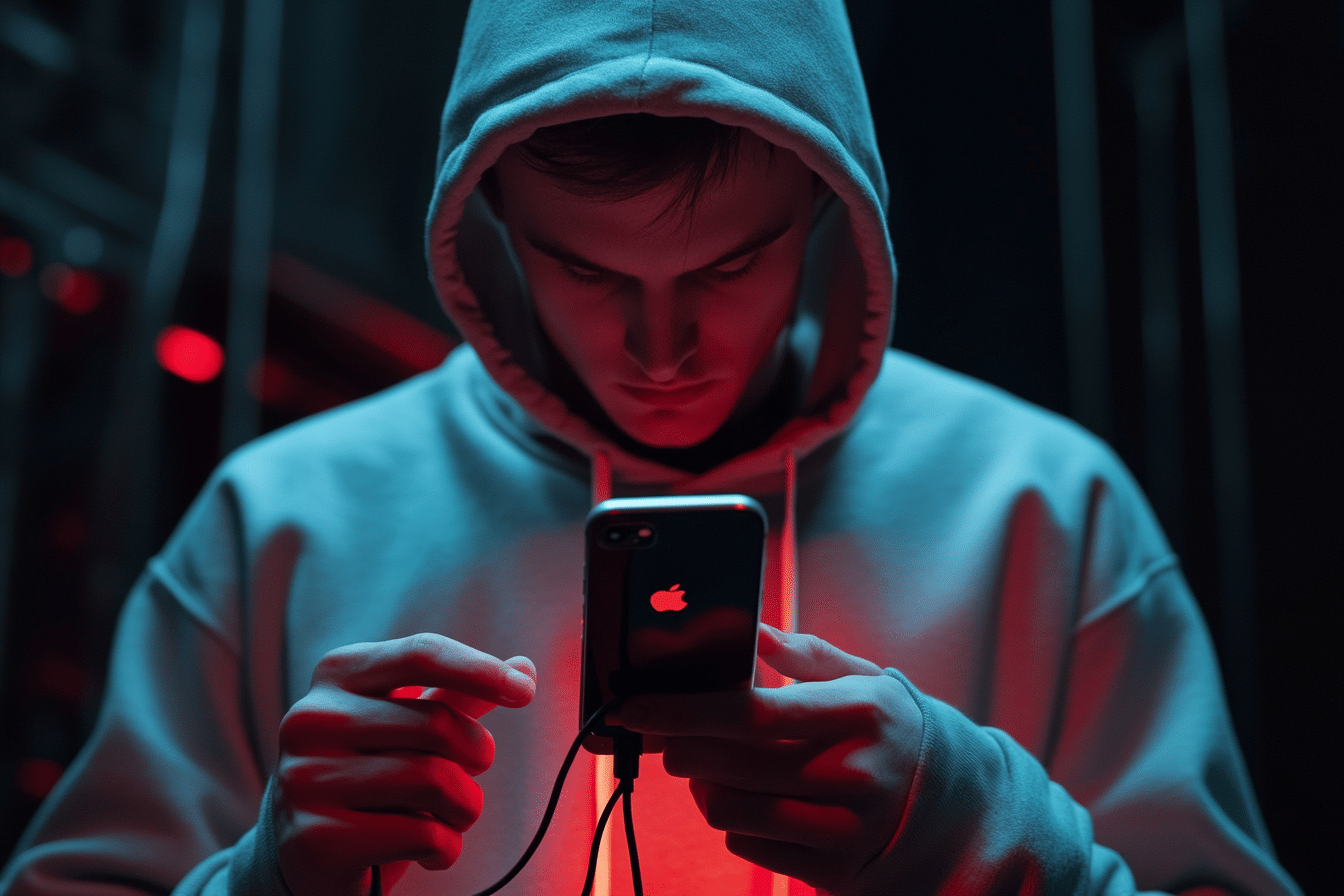 Un hacker exploite une faille pour pirater un téléphone de la marque Apple.