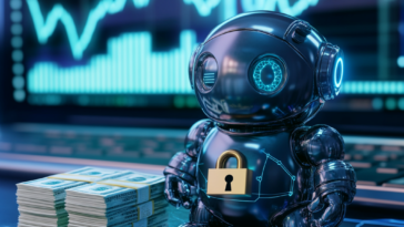 Un agent android IA dans la cybersécurité posé à côté d'une pile d'argent.