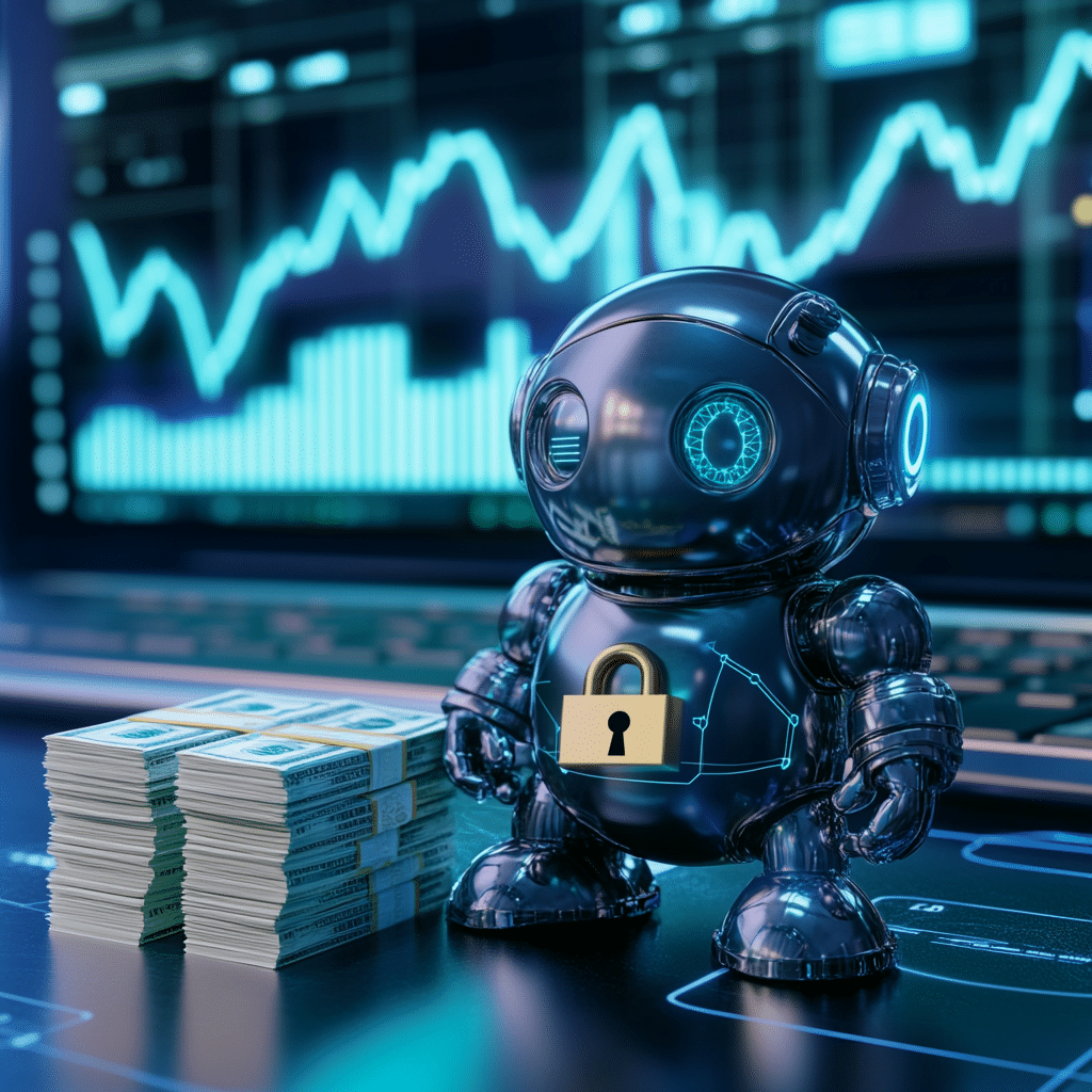 Un agent android IA dans la cybersécurité posé à côté d'une pile d'argent.