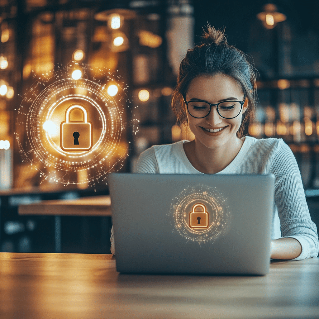 Une entrepreneuse rassurée par la cybersécurité de sa boutique en ligne.