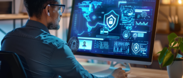 Un professionnel en cyber assurance examine un contrat sur un écran d’ordinateur moderne