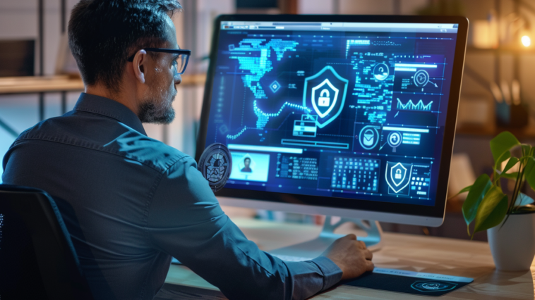 Un professionnel en cyber assurance examine un contrat sur un écran d’ordinateur moderne