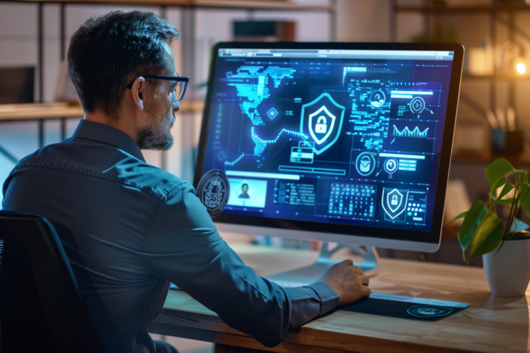 Un professionnel en cyber assurance examine un contrat sur un écran d’ordinateur moderne