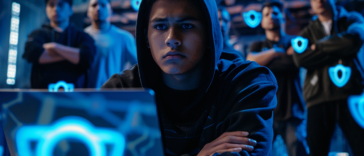 Un hacker encapuchonné face à un ordinateur, encerclé par des experts en cybersécurité confiants, avec des icônes numériques de protection flottant autour d’eux.