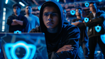 Un hacker encapuchonné face à un ordinateur, encerclé par des experts en cybersécurité confiants, avec des icônes numériques de protection flottant autour d’eux.