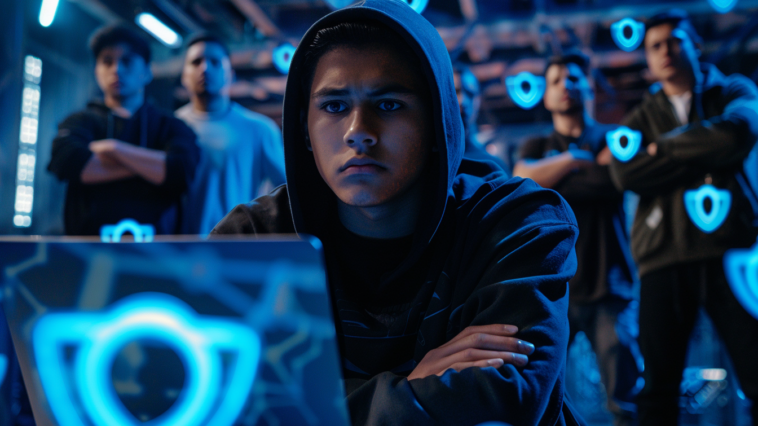 Un hacker encapuchonné face à un ordinateur, encerclé par des experts en cybersécurité confiants, avec des icônes numériques de protection flottant autour d’eux.