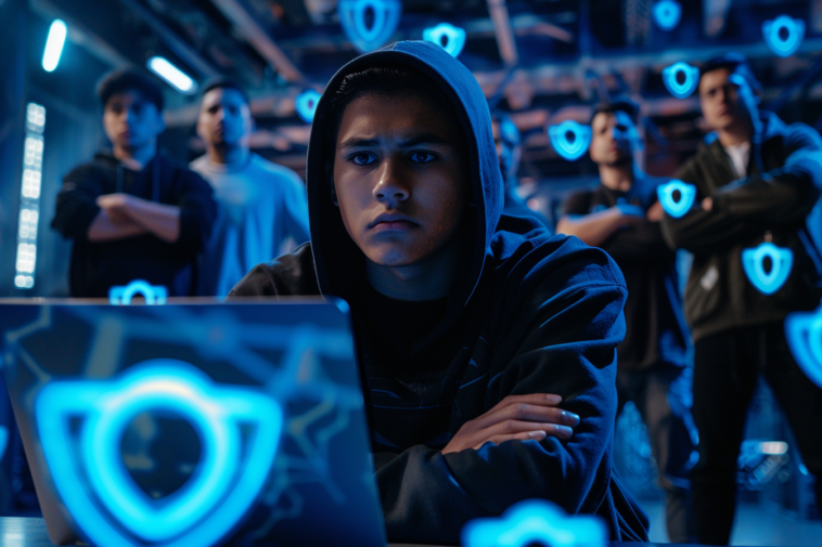 Un hacker encapuchonné face à un ordinateur, encerclé par des experts en cybersécurité confiants, avec des icônes numériques de protection flottant autour d’eux.