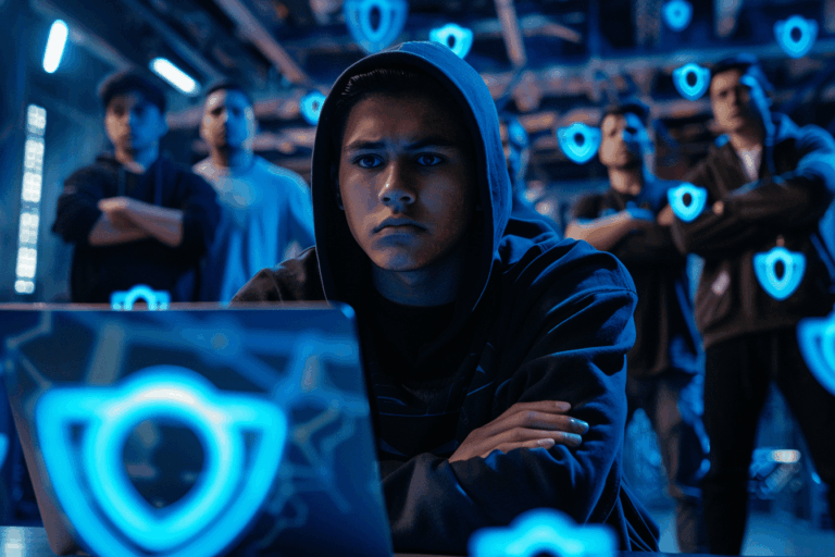 Un hacker encapuchonné face à un ordinateur, encerclé par des experts en cybersécurité confiants, avec des icônes numériques de protection flottant autour d’eux.