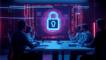 Réunion d’équipe cybersécurité avec un hologramme de cadenas au-dessus de la table, symbolisant la protection des données en entreprise.