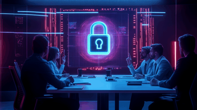 Réunion d’équipe cybersécurité avec un hologramme de cadenas au-dessus de la table, symbolisant la protection des données en entreprise.