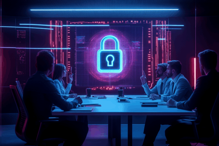 Réunion d’équipe cybersécurité avec un hologramme de cadenas au-dessus de la table, symbolisant la protection des données en entreprise.