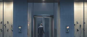 Entrée sécurisée d’une entreprise avec caméras de surveillance, porte blindée et gardien en uniforme à côté du système de contrôle d’accès.
