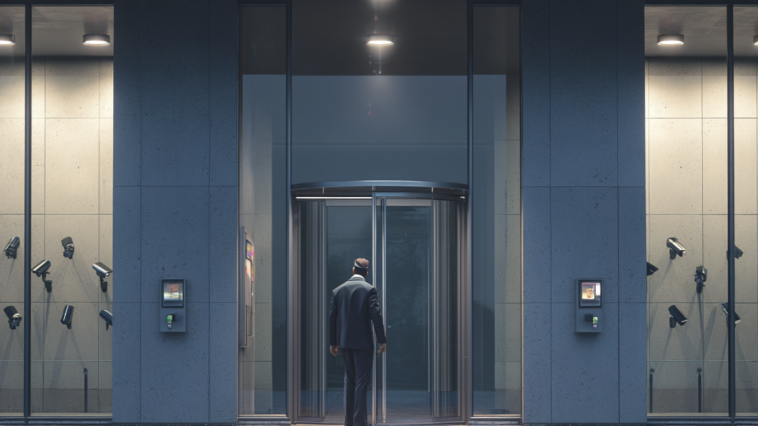 Entrée sécurisée d’une entreprise avec caméras de surveillance, porte blindée et gardien en uniforme à côté du système de contrôle d’accès.