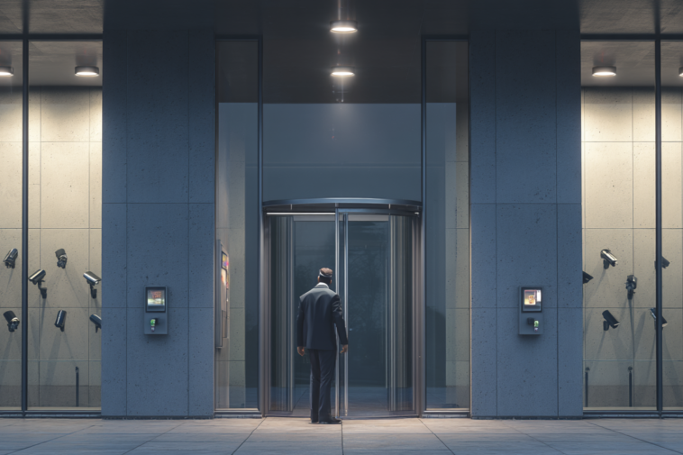 Entrée sécurisée d’une entreprise avec caméras de surveillance, porte blindée et gardien en uniforme à côté du système de contrôle d’accès.