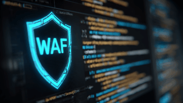 Écran d’ordinateur affichant un bouclier numérique et le texte WAF pour illustrer la protection des applications web par un pare-feu.