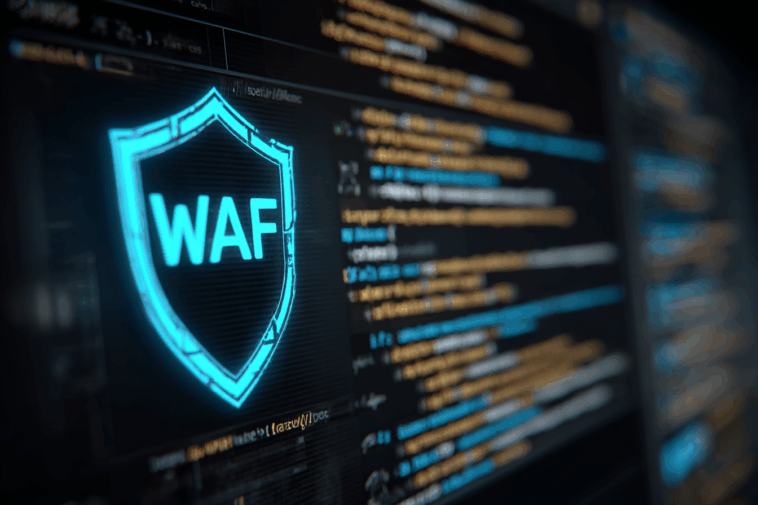 Écran d’ordinateur affichant un bouclier numérique et le texte WAF pour illustrer la protection des applications web par un pare-feu.