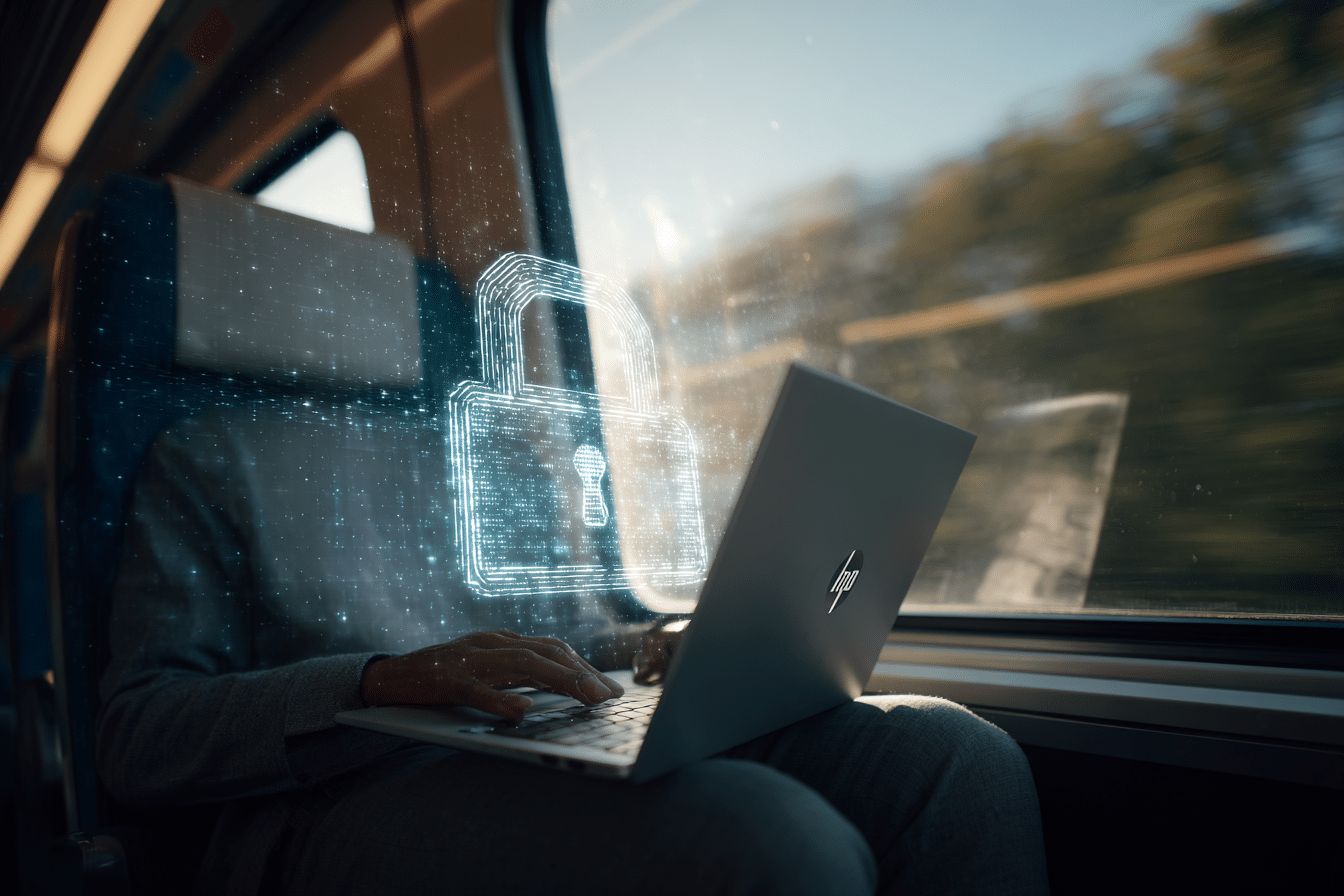 Professionnel dans un train utilisant un ordinateur portable HP avec hologramme de cadenas, illustrant la sécurité en mobilité.