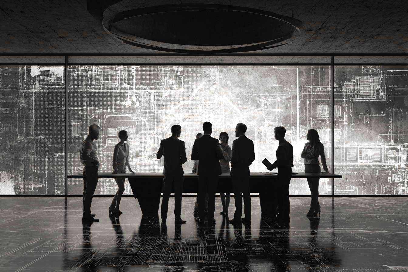 Équipe de professionnels réunis autour d’un plan logistique, en pleine préparation d’un événement stratégique dans un espace moderne.