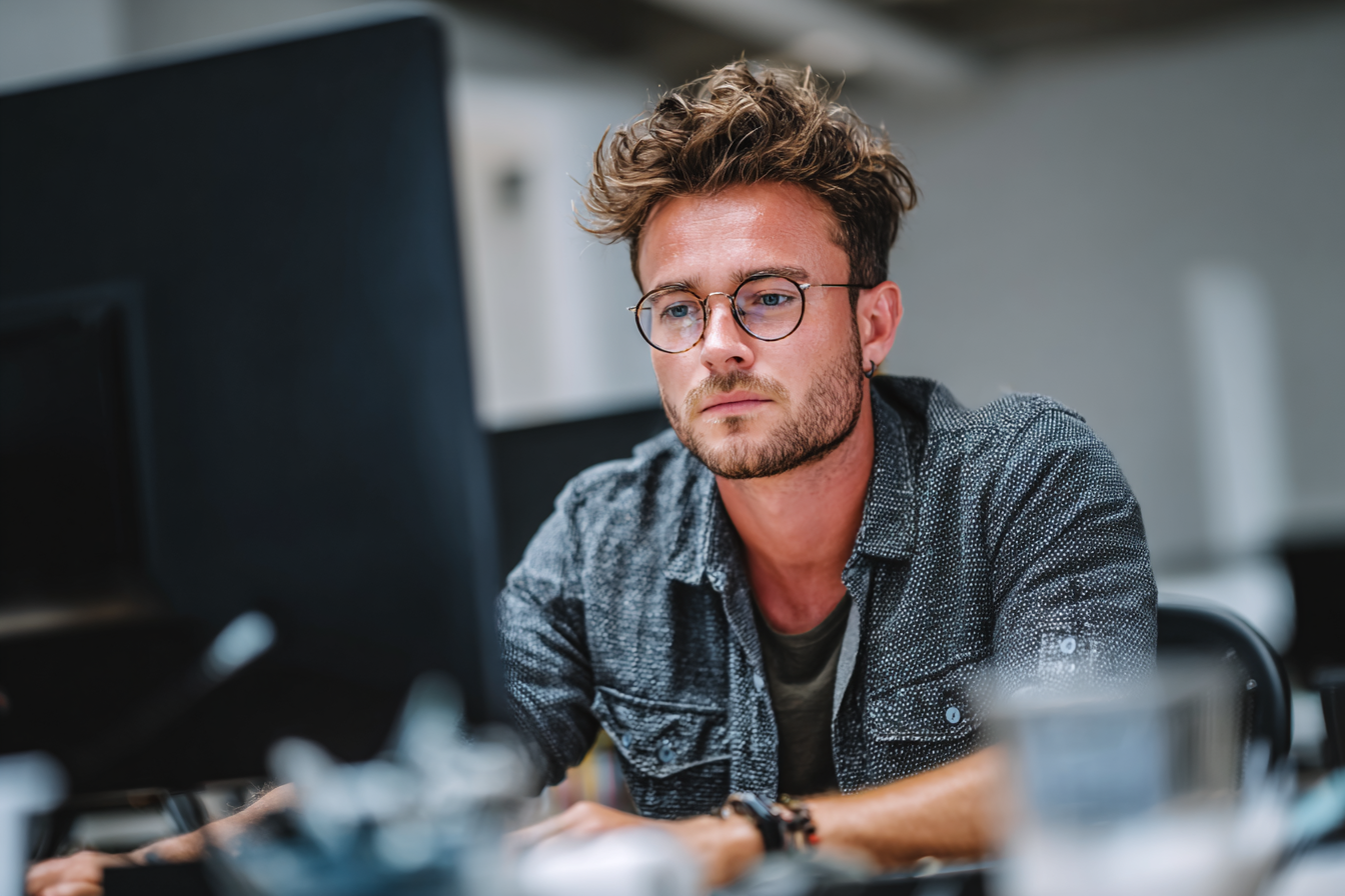 Technicien IT avec lunettes et chemise, concentré devant un écran dans un bureau minimaliste, ambiance naturelle et professionnelle.