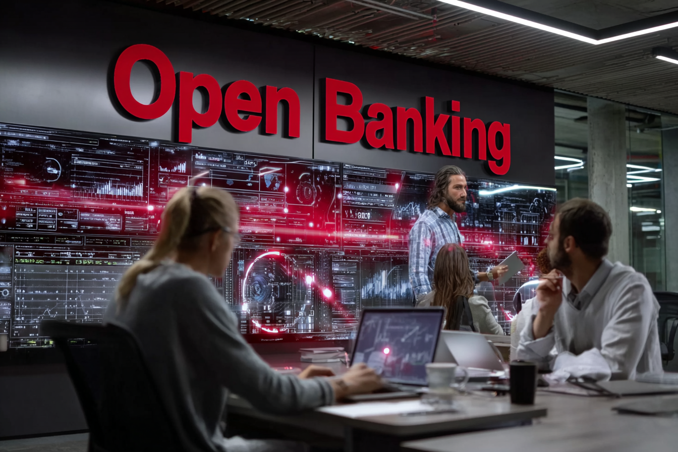Professionnels fintech analysant des tableaux financiers avec l’inscription rouge « Open Banking » en arrière-plan.