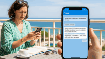 Femme intrigué par un SMS qui est en réalité une arnaque