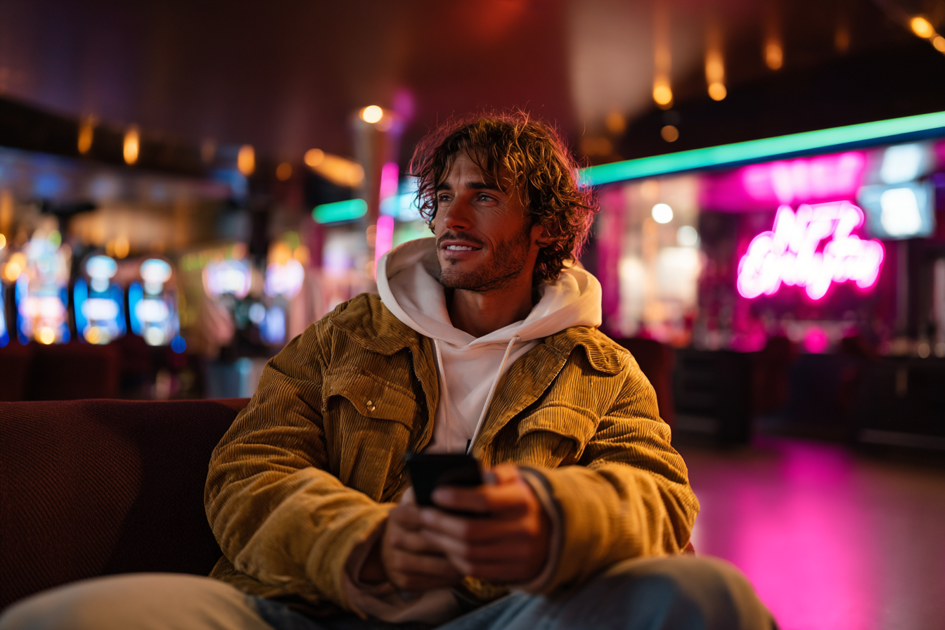 Joueur détendu dans un casino stylisé avec des lumières néons, tenant un smartphone pour illustrer l’expérience de jeu à distance dans une ambiance festive.