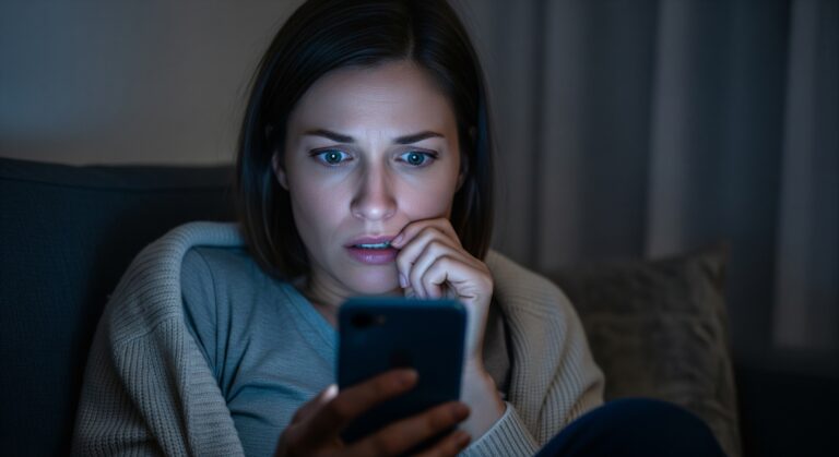 Une femme inquiète en voyant son message Whatsapp