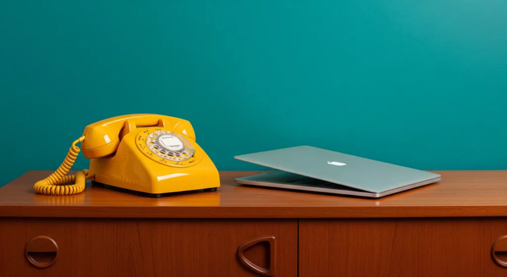 Un téléphone filaire et un ordinateur portable posés sur un bahut ; les deux éléments souvent détournés par les pirates informatiques