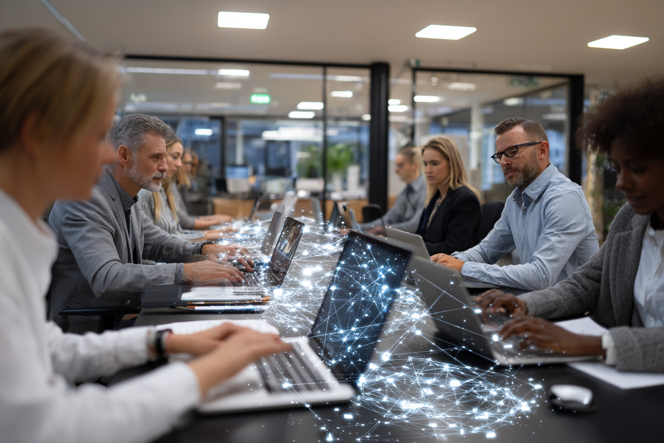 Salle de réunion moderne avec plusieurs professionnels autour d’une table, ordinateurs portables reliés par des flèches numériques en surimpression illustrant la collaboration sécurisée.