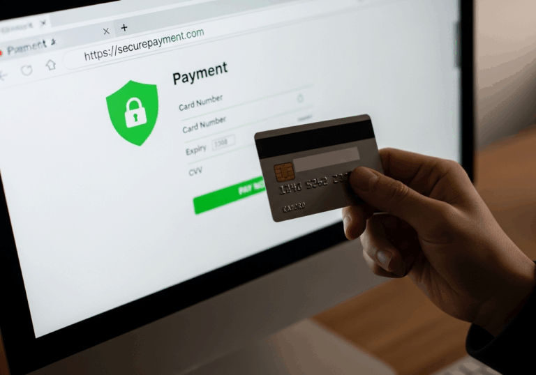 Main tenant une carte bancaire devant un écran affichant une page de paiement en ligne sécurisée avec cadenas et https visibles.