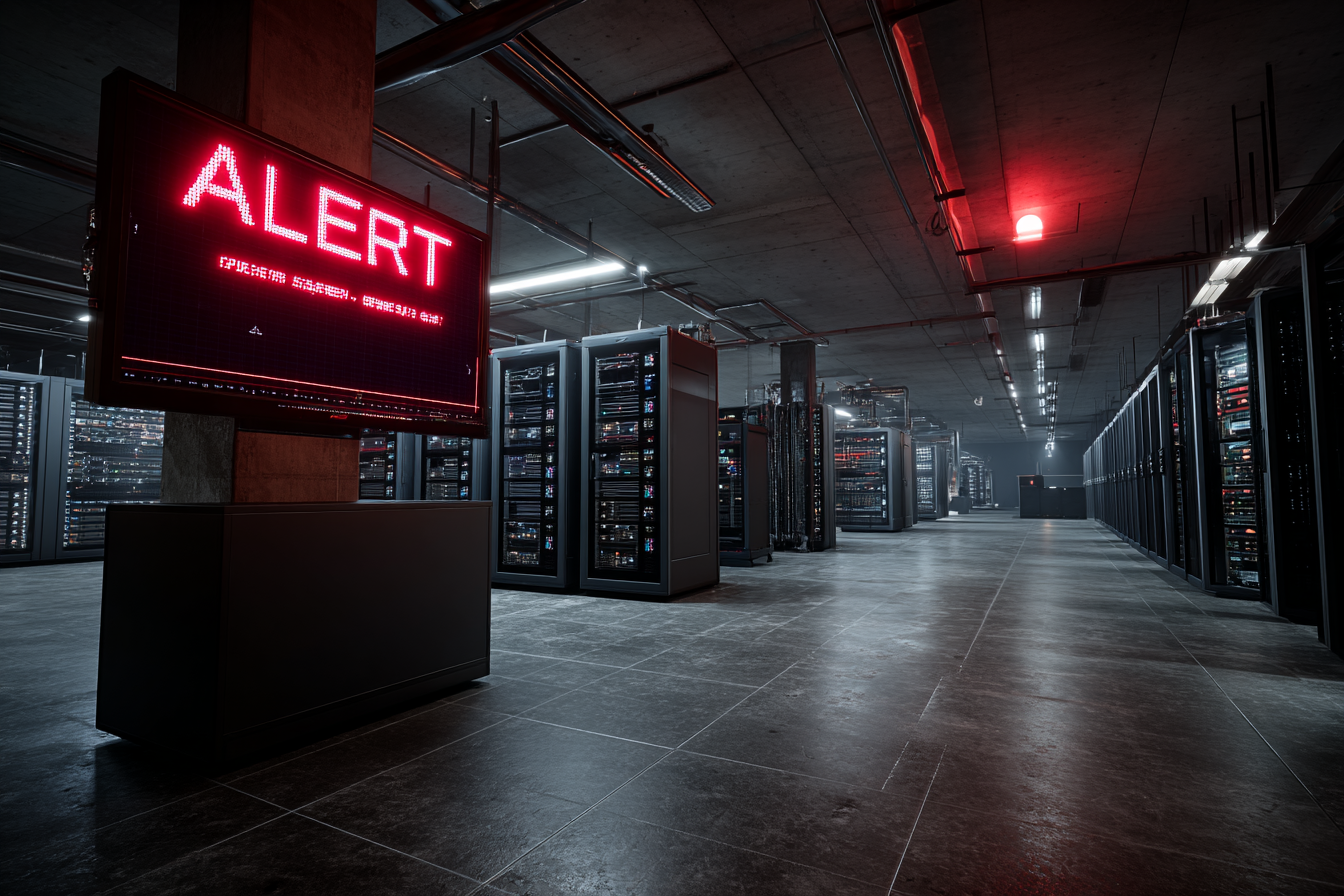 Salle de serveurs sombre avec un écran rouge "ALERT" clignotant, illustrant une cyberattaque en entreprise.