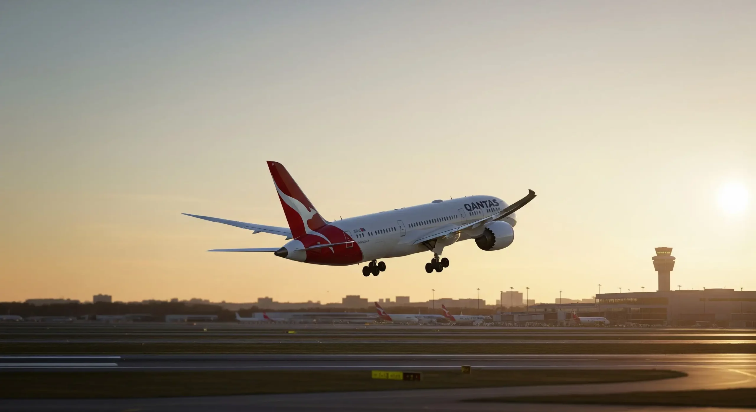 Un avion de la compagnie aérienne Qantas en train de décoller d'un aéroport en France