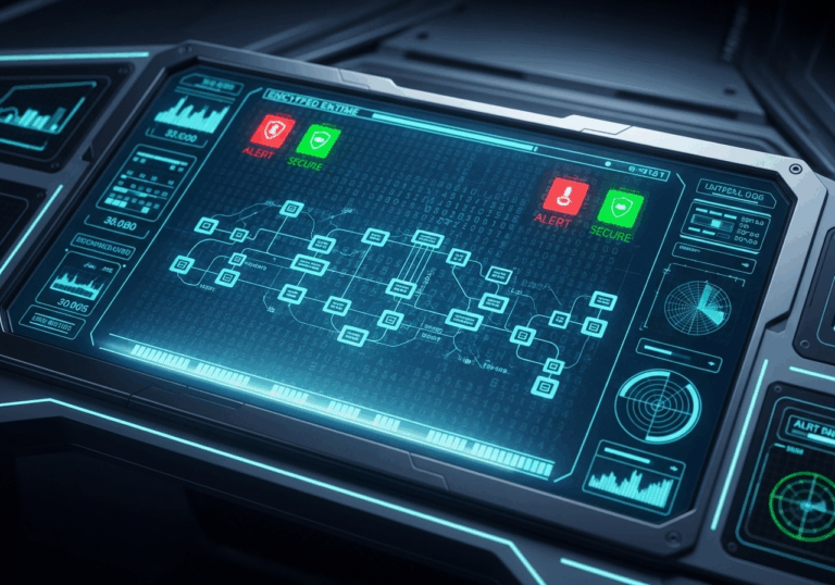 Gros plan sur un tableau de bord de sécurité cybernétique futuriste. L'écran holographique affiche des flux de données cryptées et des indicateurs de sécurité qui passent au vert, symbolisant un système protégé et une opération réussie.