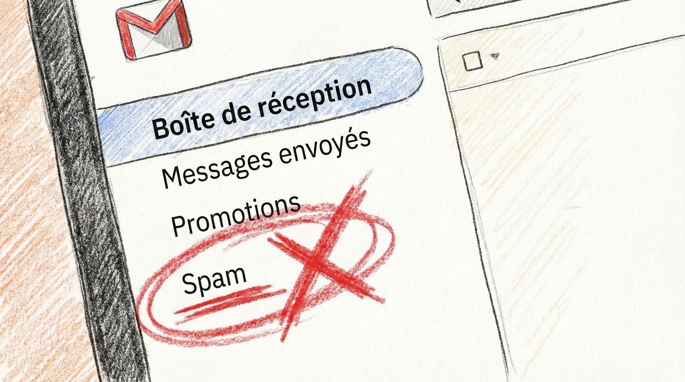 Photo de la boite email de Google avec l'ongle pour les courriers indésirables