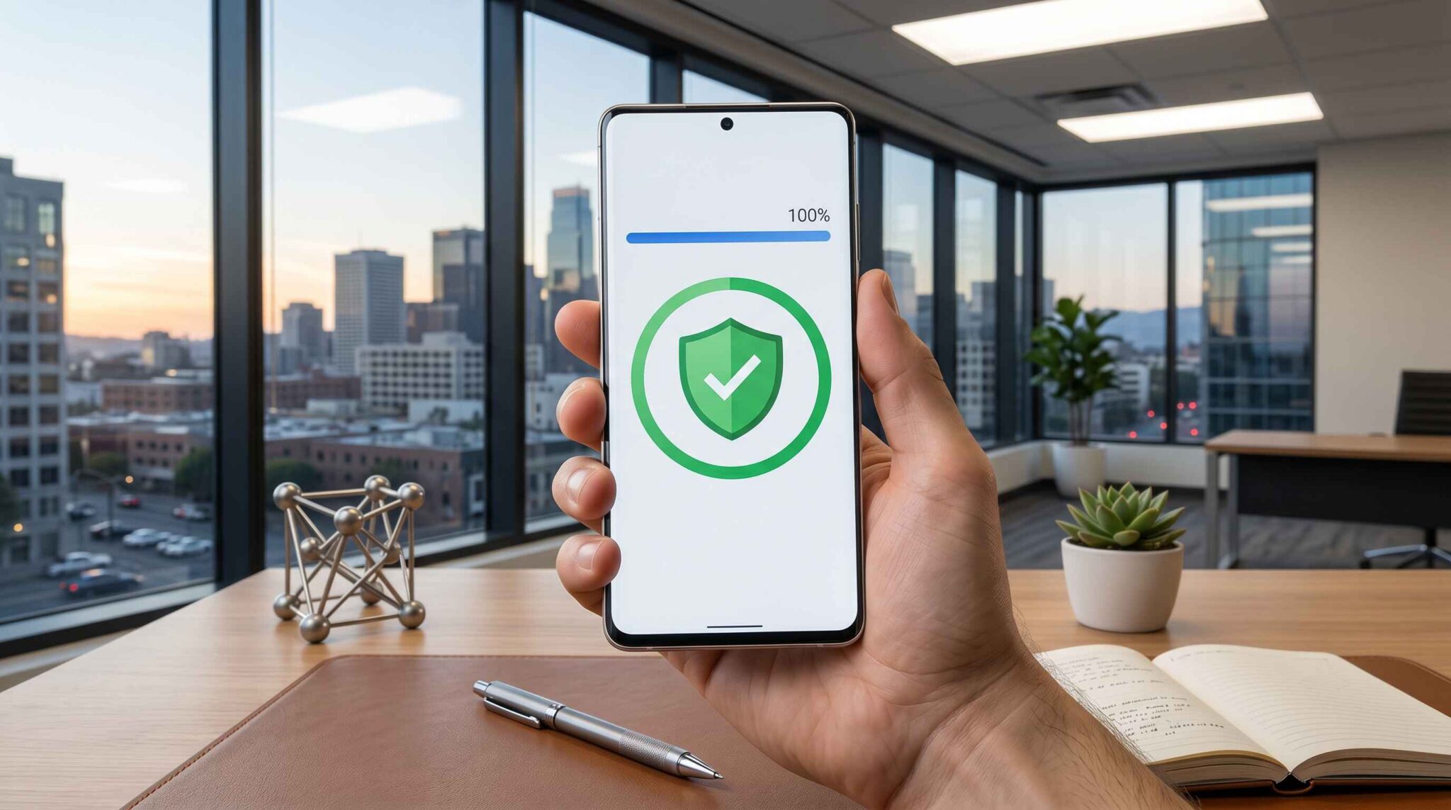 Maintenant un smartphone qui affiche une mise à jour de sécurité complétée, dans un bureau lumineux surplombant la ville.